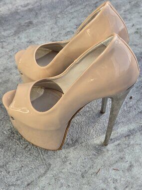 Tajna Beige Gloss Peep Toe Metallic High Heels